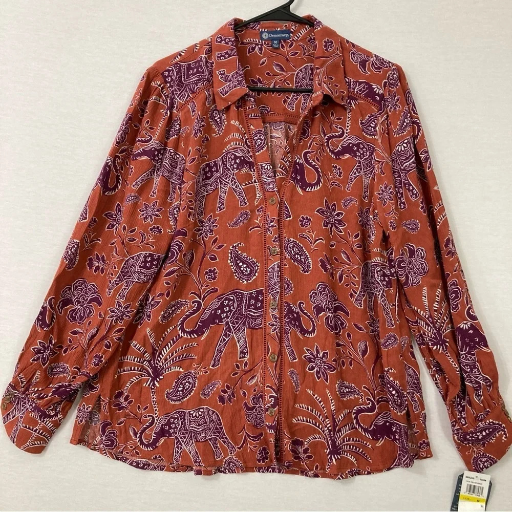 New Democracy Burnt Orange Purple Paisley Boho Print‎ Button Down Medium
